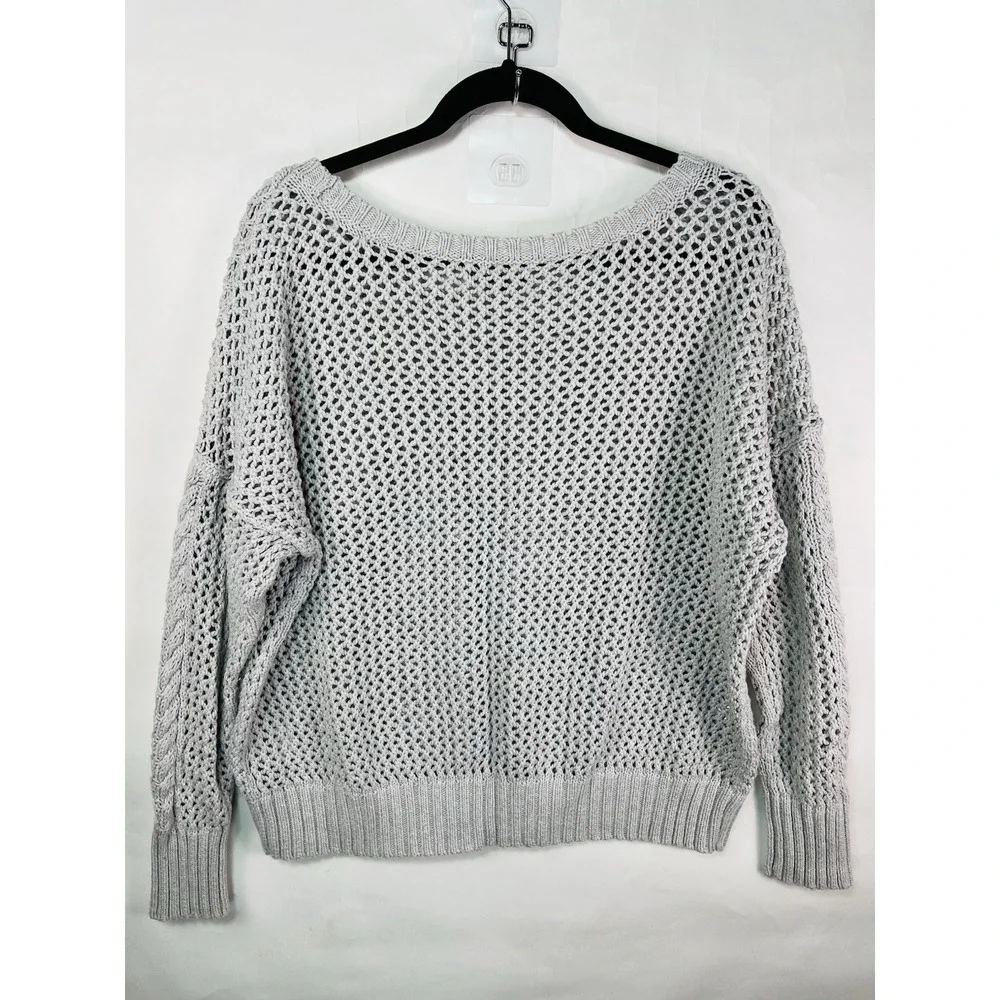 AE American Eagle Sweater Gray Open Knit Long Sleeve Women's XL Crochet Fall EUC